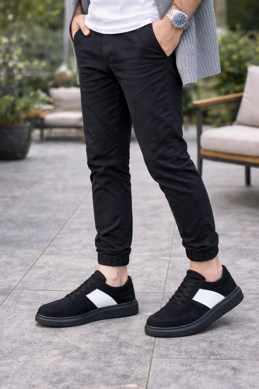 JY011 Line Erkek Günlük Bağcıklı Süet Spor Sneaker Ayakkabı SST - Siyah/Beyaz