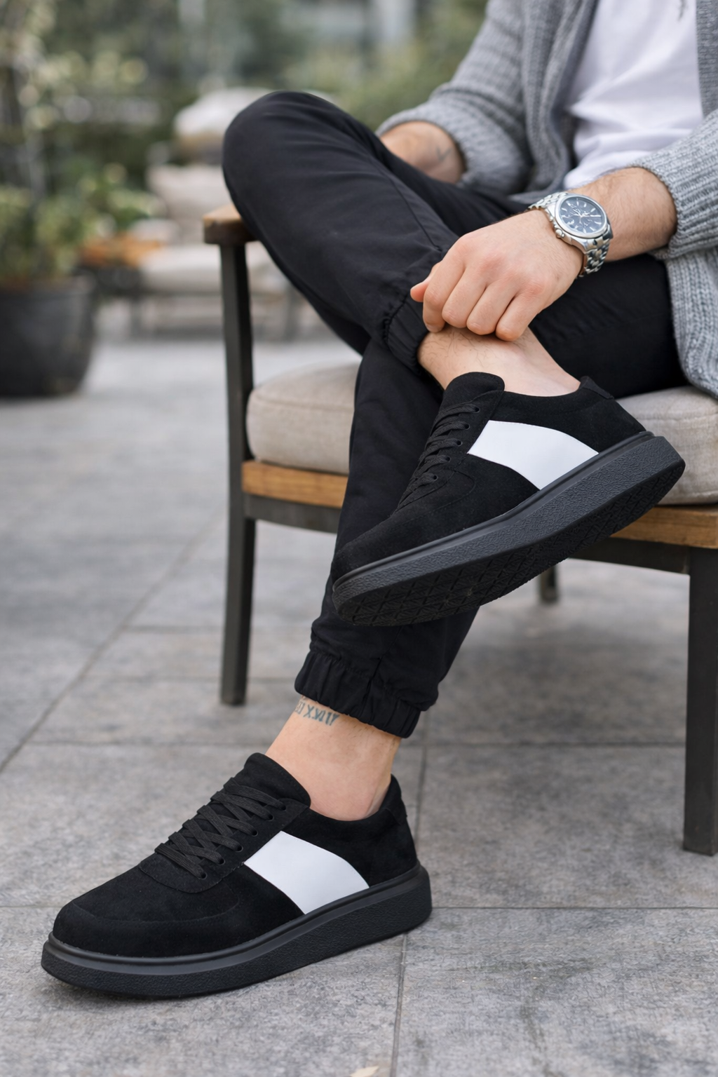 JY011 Line Erkek Günlük Bağcıklı Süet Spor Sneaker Ayakkabı SST - Siyah/Beyaz