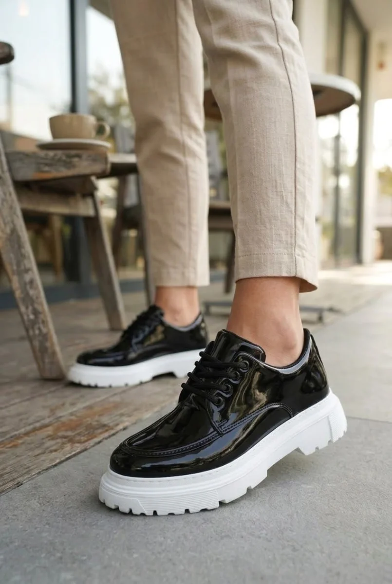 JY06 Solven Bağcıklı Rugan Erkek Günlük Spor Klasik Ayakkabı RBT - Siyah