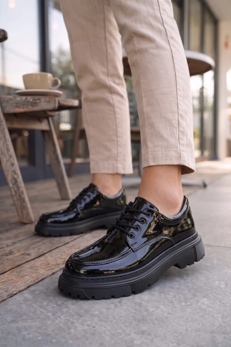 JY06 Solven Bağcıklı Rugan Erkek Günlük Spor Klasik Ayakkabı RST - Siyah