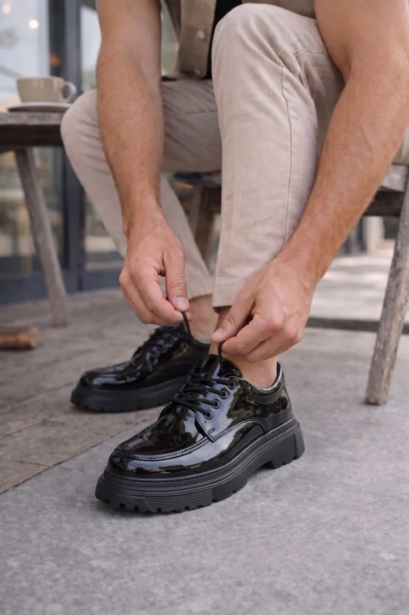 JY06 Solven Bağcıklı Rugan Erkek Günlük Spor Klasik Ayakkabı RST - Siyah