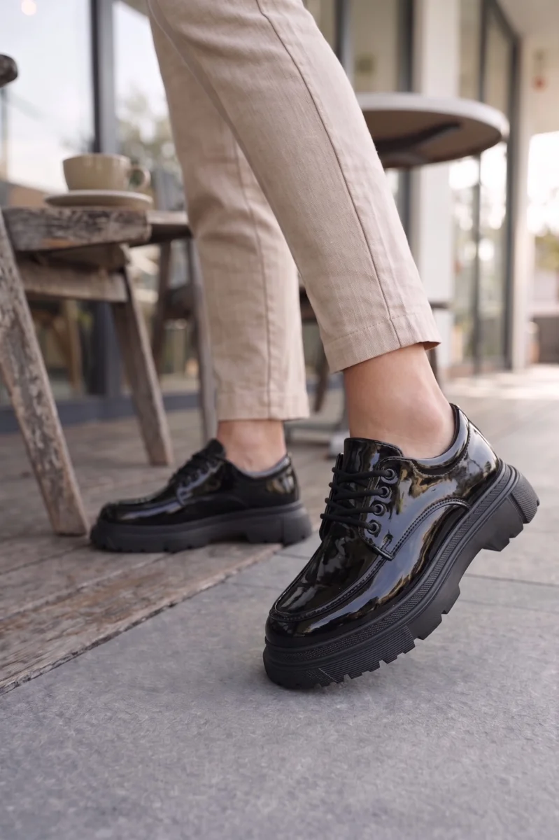 JY06 Solven Bağcıklı Rugan Erkek Günlük Spor Klasik Ayakkabı RST - Siyah