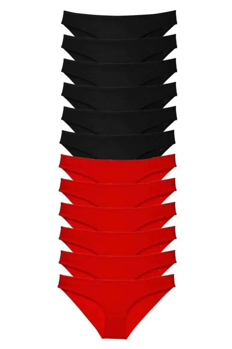 12 Adet Süper Eko Set Likralı Kadın Slip Külot Siyah Kırmızı