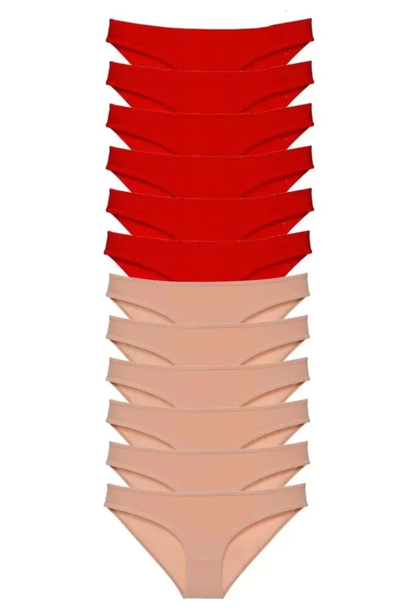 12 Adet Eko Set Likralı Kadın Slip Külot Kırmızı Ten