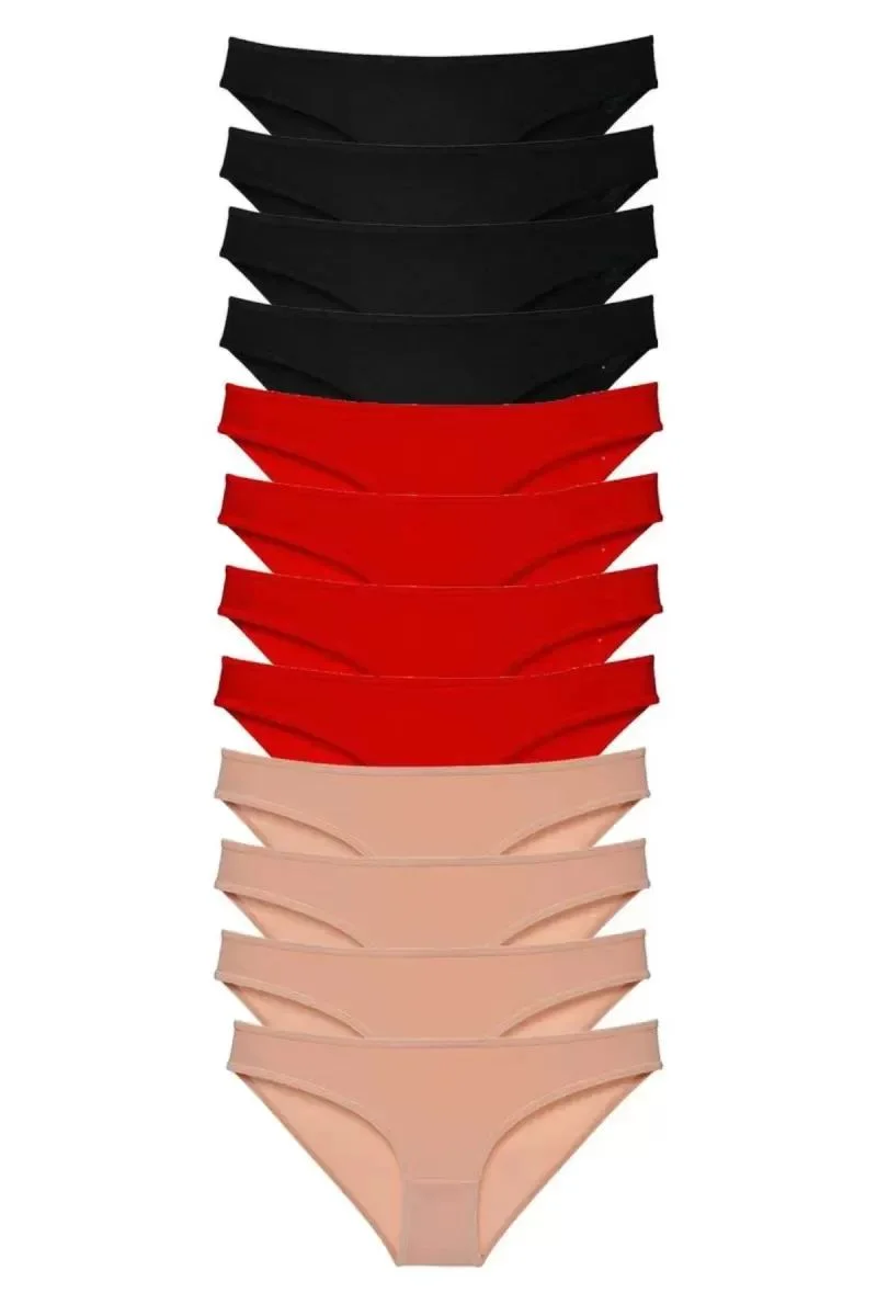 12 Adet Süper Eko Set Likralı Kadın Slip Külot Siyah Kırmızı Ten