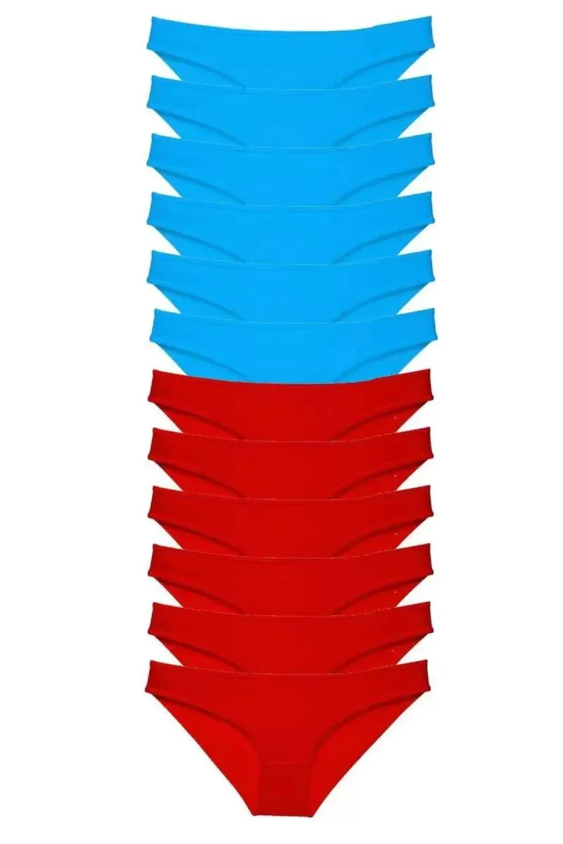 12 Adet Süper Eko Set Likralı Kadın Slip Külot Kırmızı Mavi