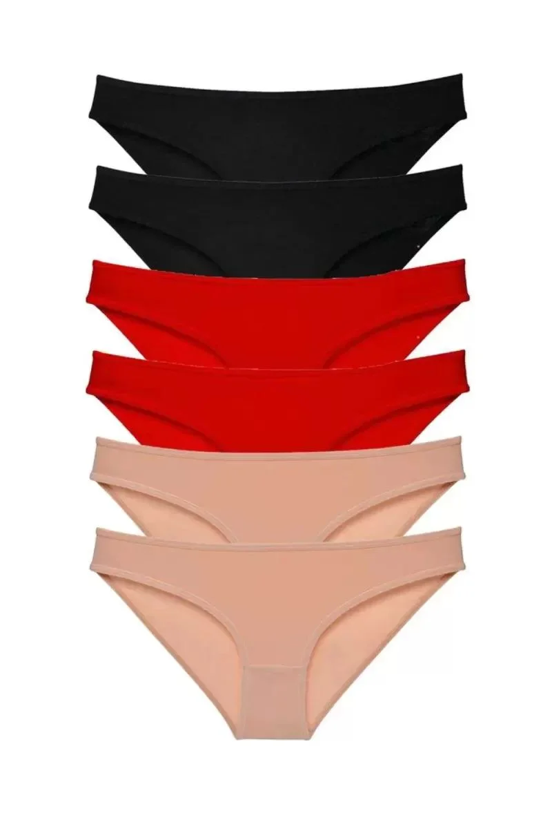 6 Adet Süper Eko Set Likralı Kadın Slip Külot Siyah Kırmızı Ten