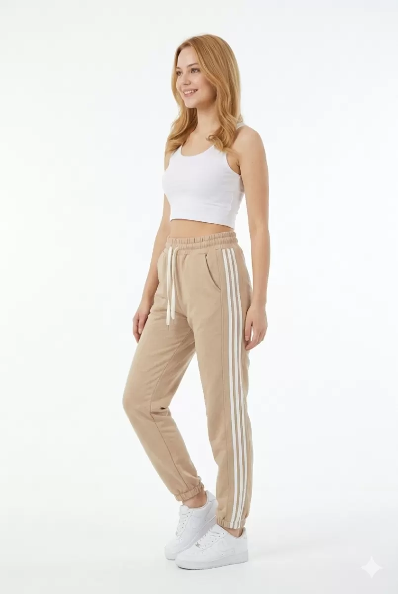 Bayan İki İplik Üç Çizgili Rahat Kesim Lastik Paçalı Cepli Günlük Spor Giyim Alt Eşofman