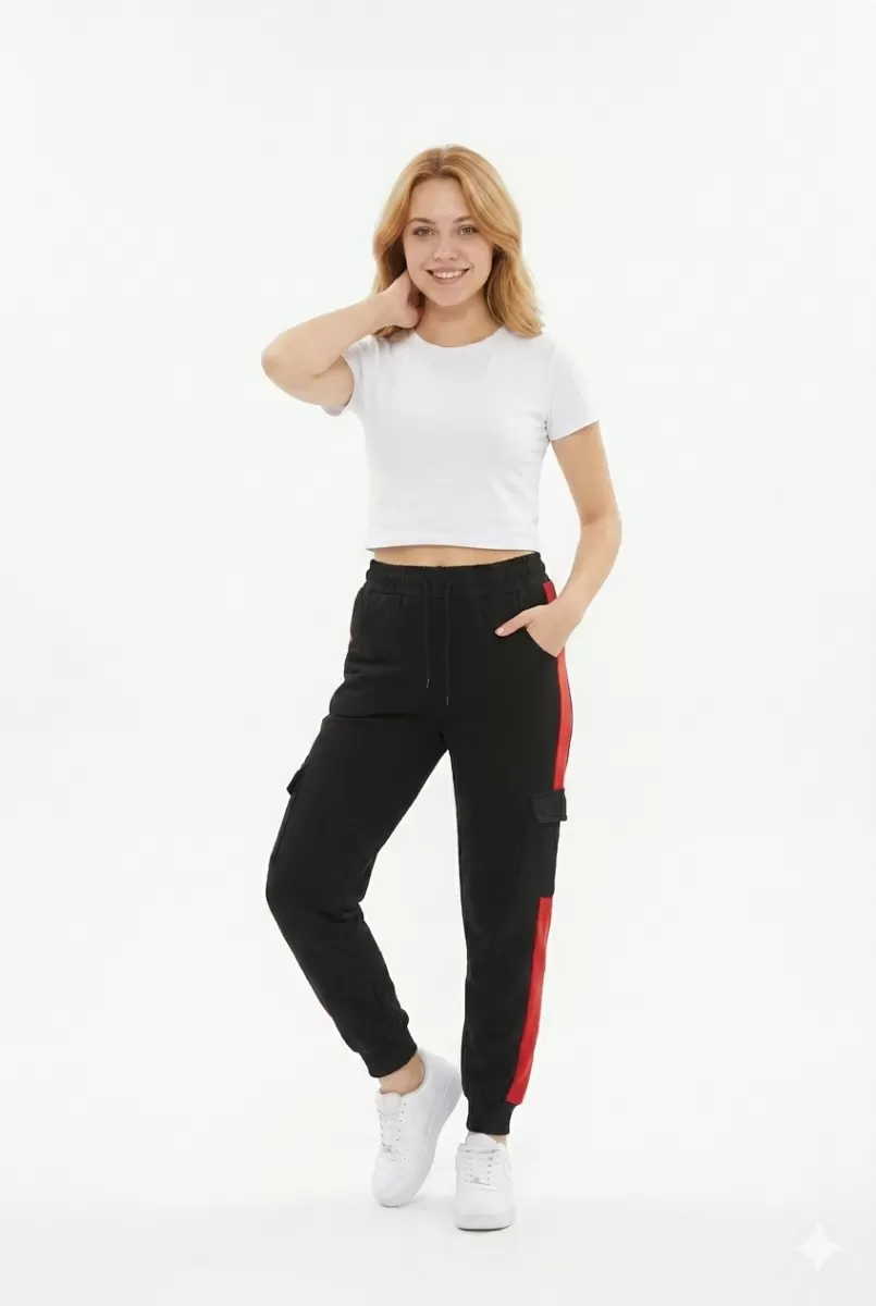 Kadın Şeritli Kargo Cepli Rahat Kesim Lastik Paçalı Günlük Spor Alt Eşofman