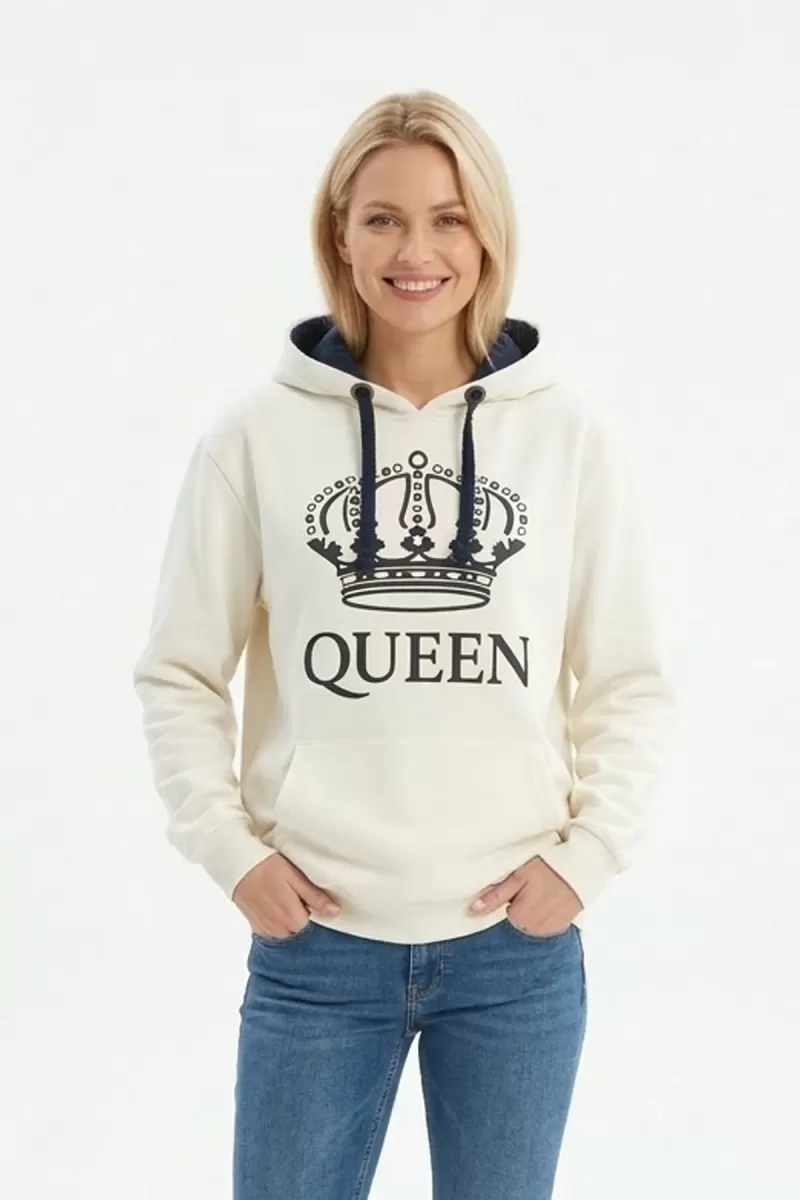 Kadın Beyaz Queen Yazılı Taç Baskılı Kapüşonlu Kanguru Cepli Sweatshirt