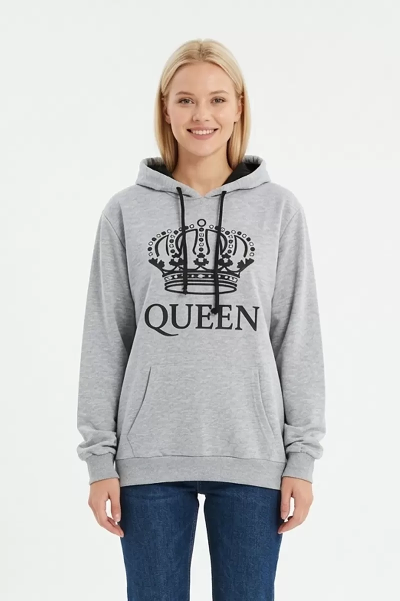 Kadın Gri Queen Yazılı Taç Baskılı Kapüşonlu Kanguru Cepli Sweatshirt
