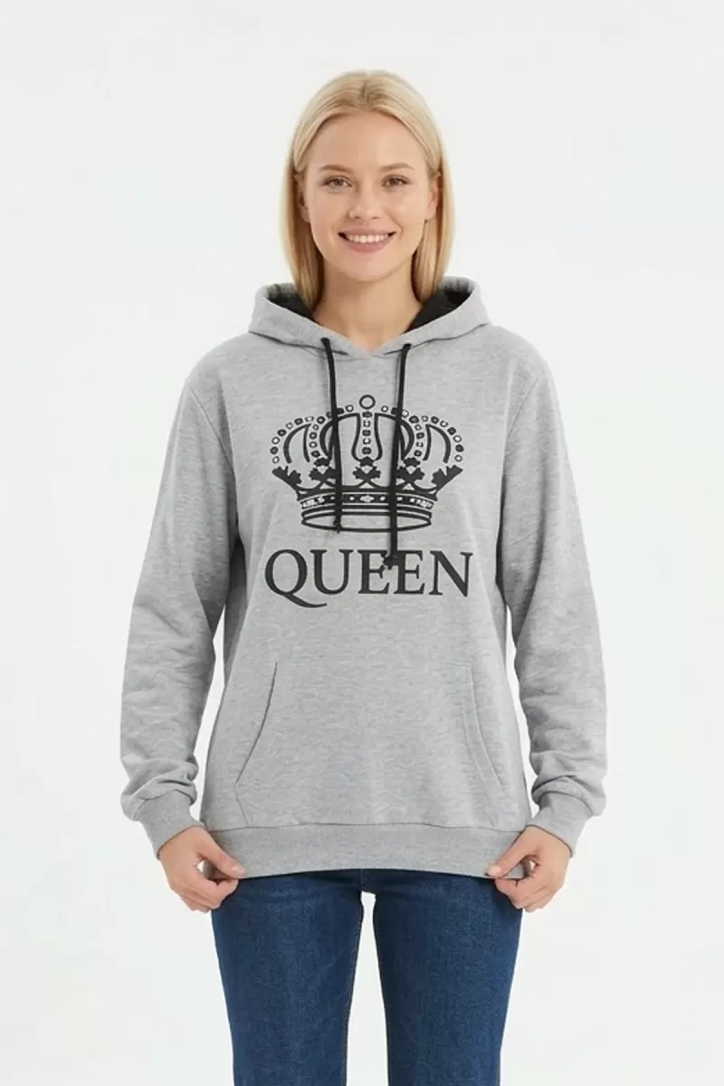 Kadın Gri Queen Yazılı Taç Baskılı Kapüşonlu Kanguru Cepli Sweatshirt
