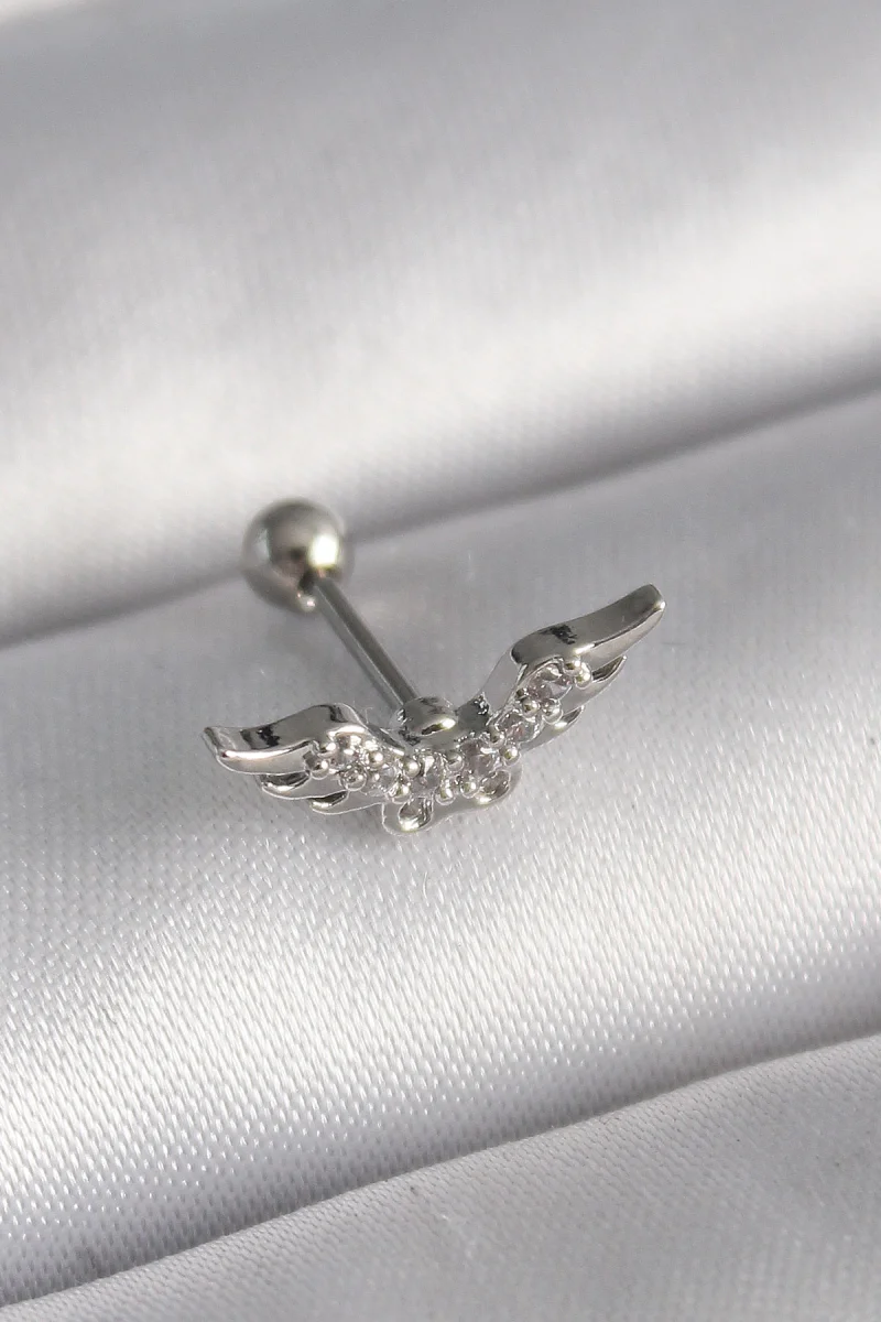 316L Çelik Gümüş Renk Zirkon Taş Detay Kanat Model Tragus Piercing