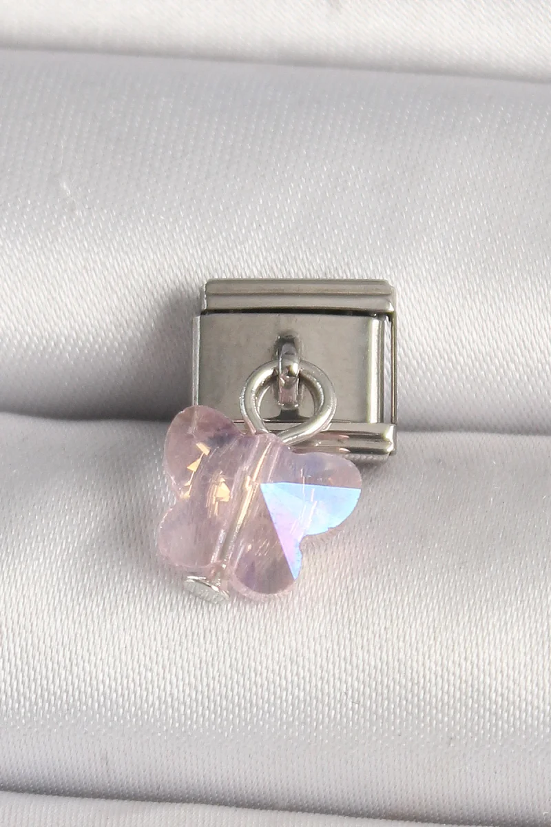 316L Çelik Gümüş Renk Pembe Zirkon Taşlı Kelebek Model Nomination Charm