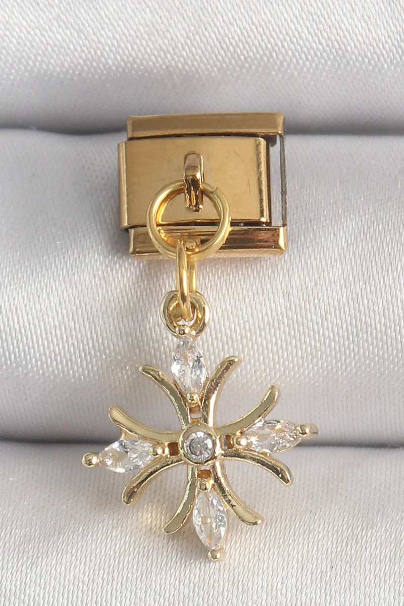 316L Çelik Gold Renk Sallantı Zirkon Taşlı Kar Tanesi Model Nomination Charm