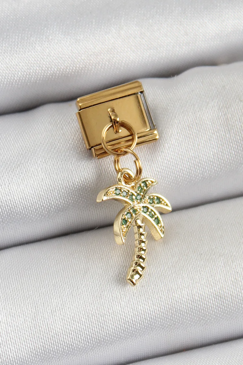 316L Çelik Sallantılı Zirkon Taşlı Palmiye Ağacı Model Gold Renk Nomination Charm