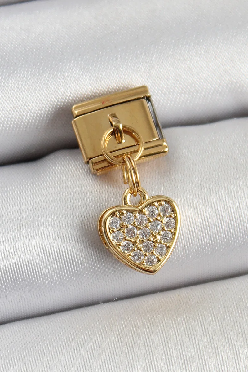 316L Çelik Sallantılı Zirkon Taşlı Kalp Model Gold Renk Nomination Charm