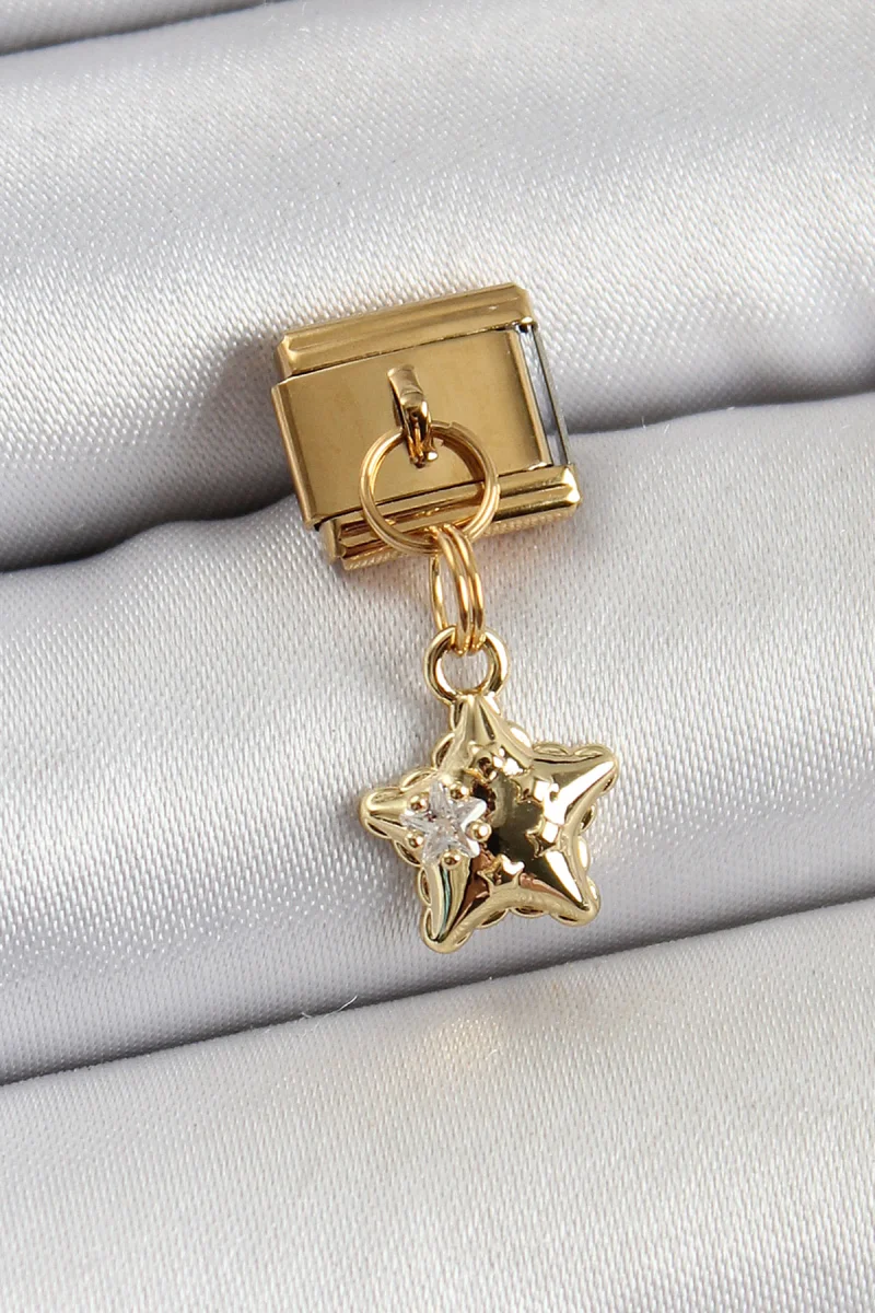 316L Çelik Sallantılı Zirkon Taşlı Yıldız Model Gold Renk Nomination Charm