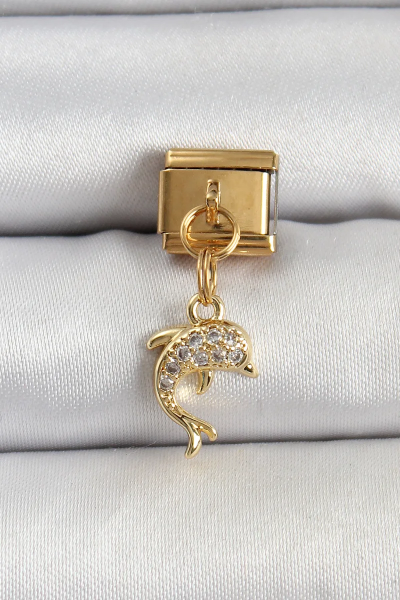316L Çelik Sallantılı Zirkon Taşlı Yunus Balığı Model Gold Renk Nomination Charm