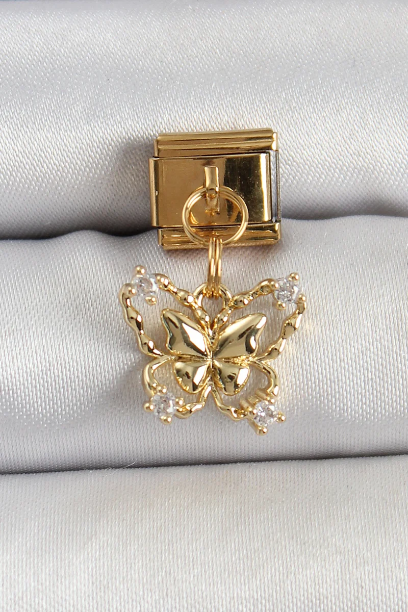 316L Çelik Sallantılı Zirkon Taşlı Kelebek Model Gold Renk Nomination Charm