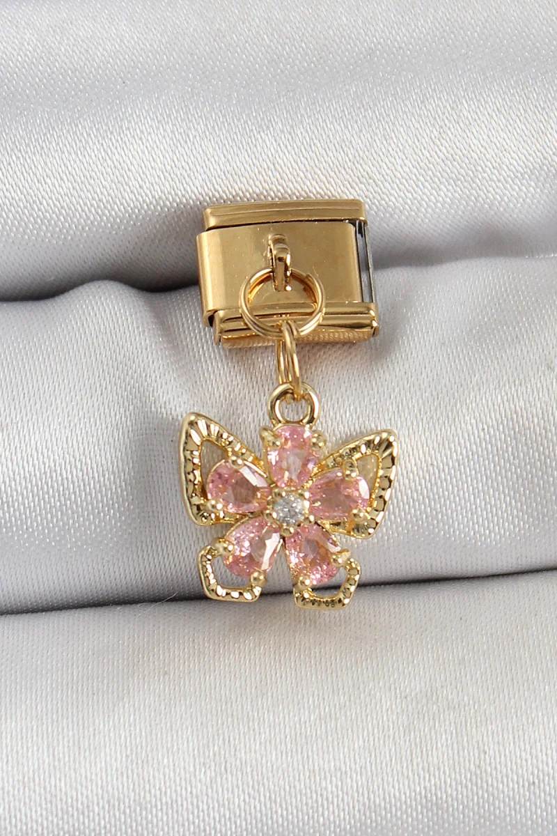 316L Çelik Sallantılı Zirkon Taşlı Çiçek Figürlü Kelebek Model Gold Renk Nomination Charm