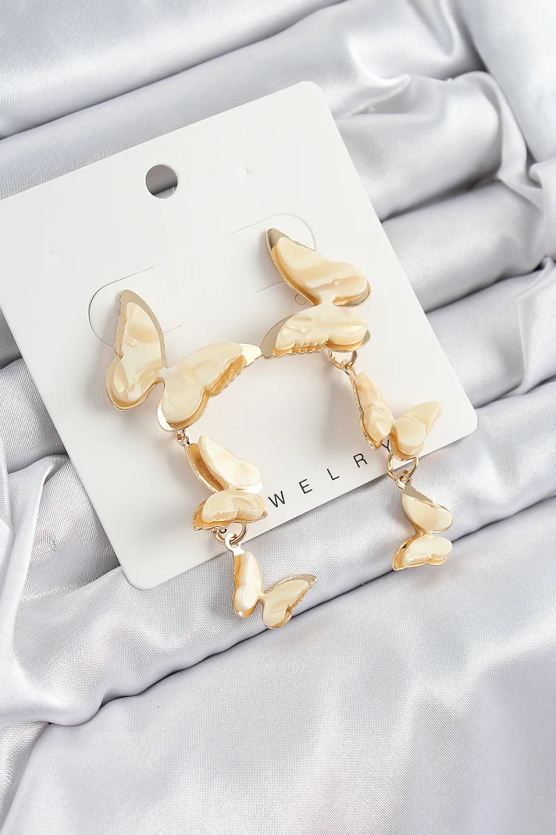 Pirinç Sedef Sallantılı Mermer Desenli Kelebek Model Gold Renk Vintage Kadın Küpe