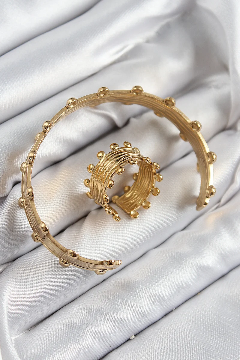 Pirinç Topcuk Model Gold Renk Bileklik Yüzük Set