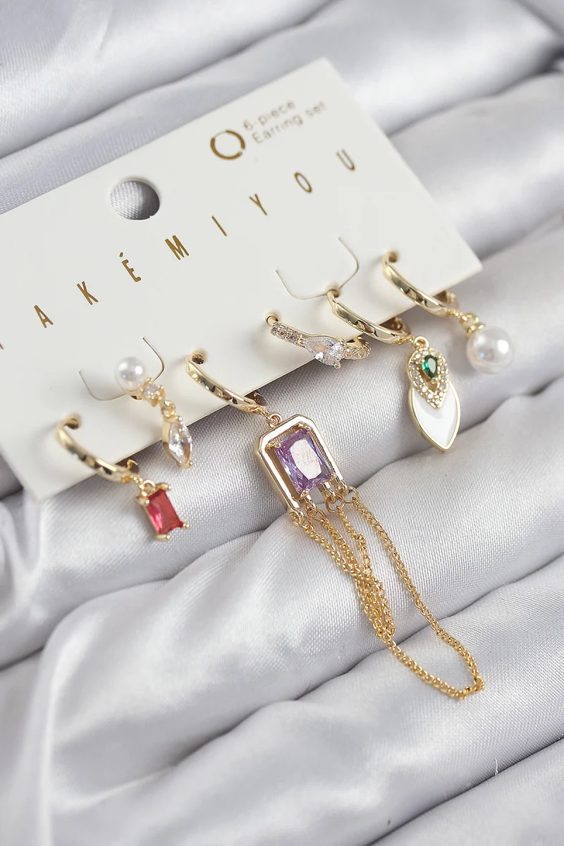 Pirinç Zirkon Taşlı Sallantılı Ve İncili Gold Renk 6'lı Küpe Set