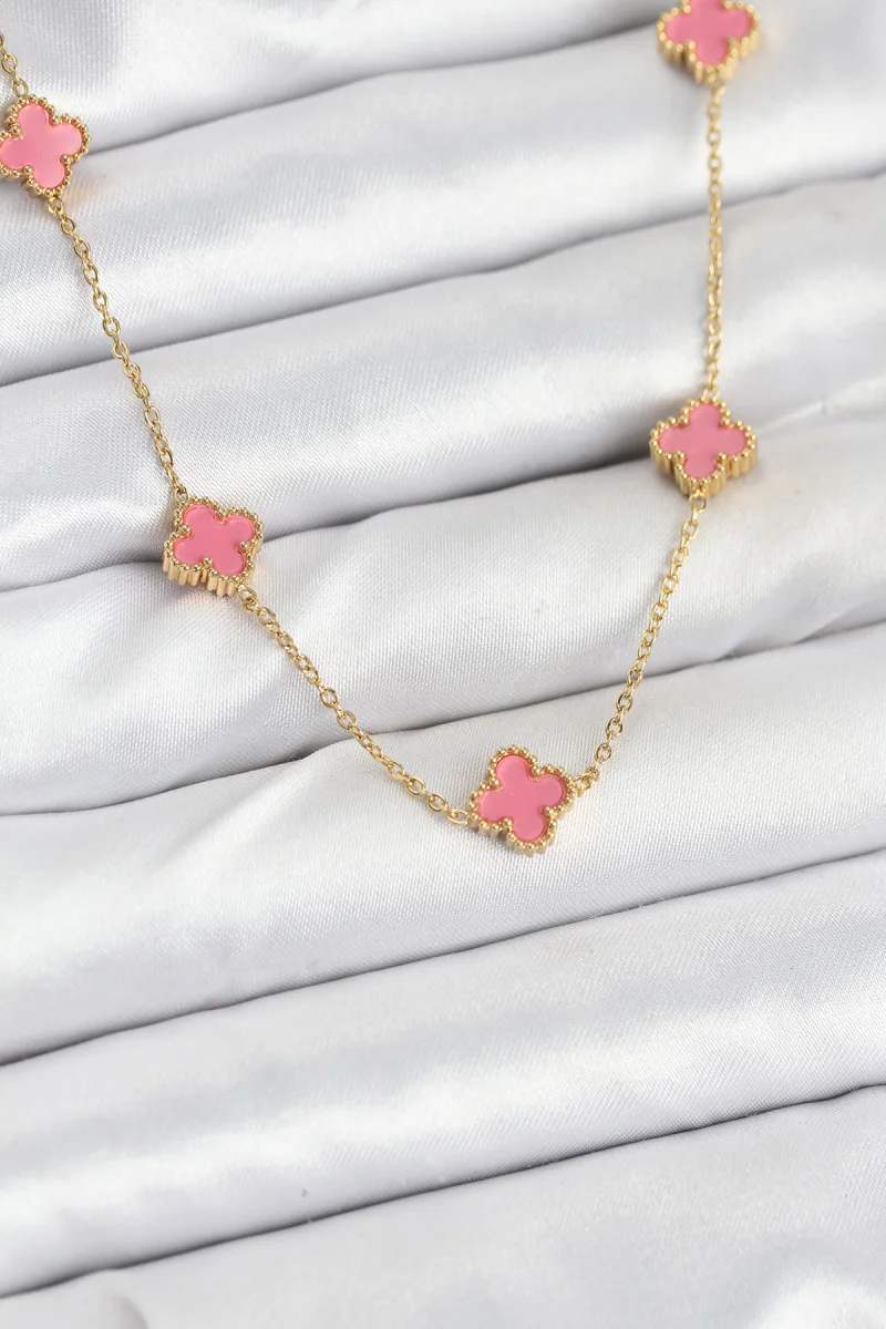 316L Çelik Zincir Gold Renk Pembe Baby Boy Yonca Kadın Kolye