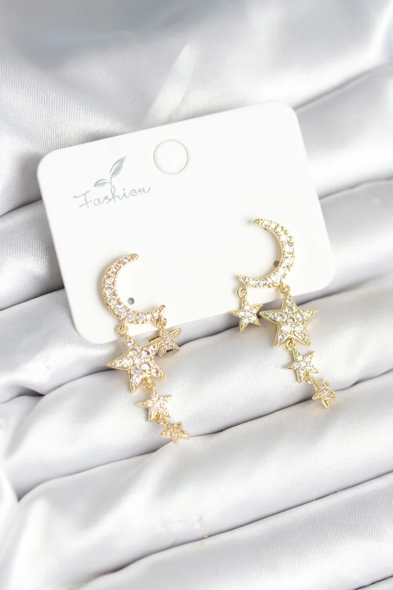Ay ve Yıldız Model Gold Renk Pirinç Kadın Küpe