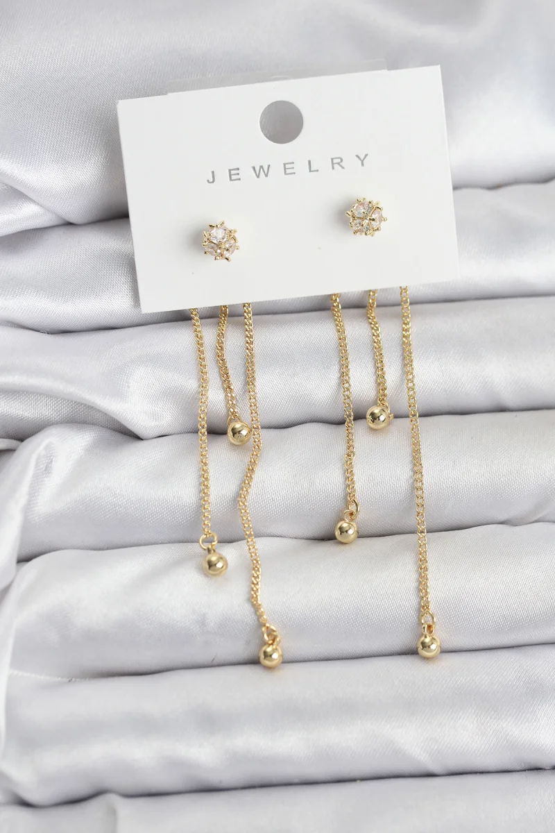 Topçuk Model Gold Renk Pirinç Sallantılı Kadın Küpe Seti