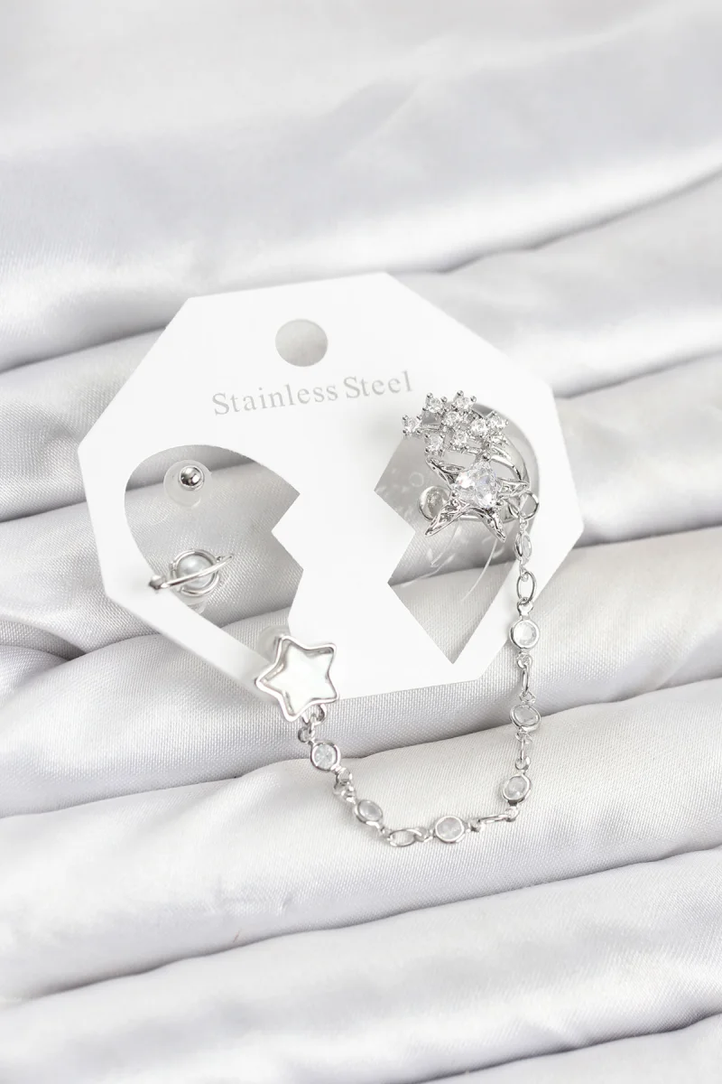 Pirinç Gümüş Renk Yıldız Model Zincir Bağlantılı Ear Cuff Küpe Seti