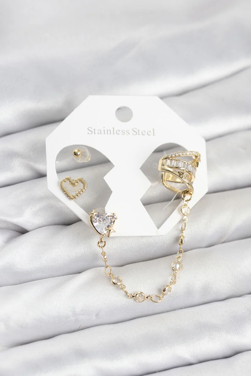 Pirinç Gold Renk Kalp Model Zincir Bağlantılı Ear Cuff Küpe Seti