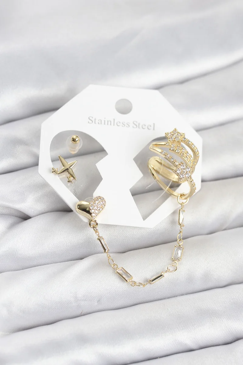 Kalp Yıldız Model Pirinç Gold Renk Zincir Bağlantılı Ear Cuff Küpe Seti