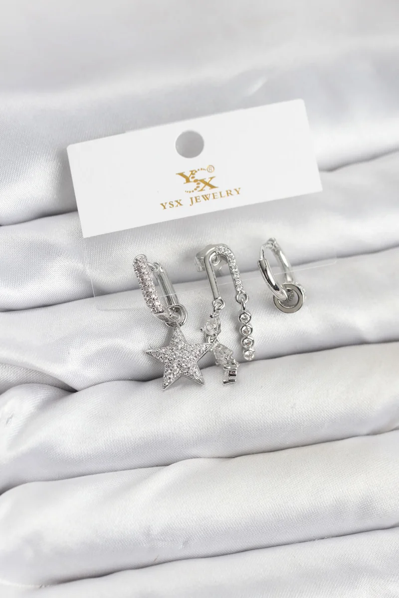 Pirinç Gümüş Renk Zirkon Taşlı Yıldız Vintage Model YSX Trio Küpe Seti