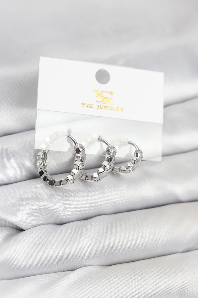 Pirinç Gümüş Renk Zirkon Taşlı Petek Halka Model YSX Trio Küpe Seti