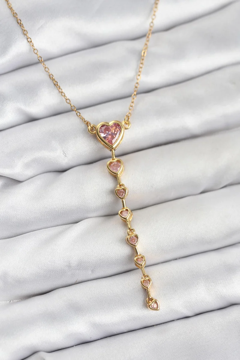 316L Çelik Zincir Gold Renk Pembe Kalp Kadın Kolye
