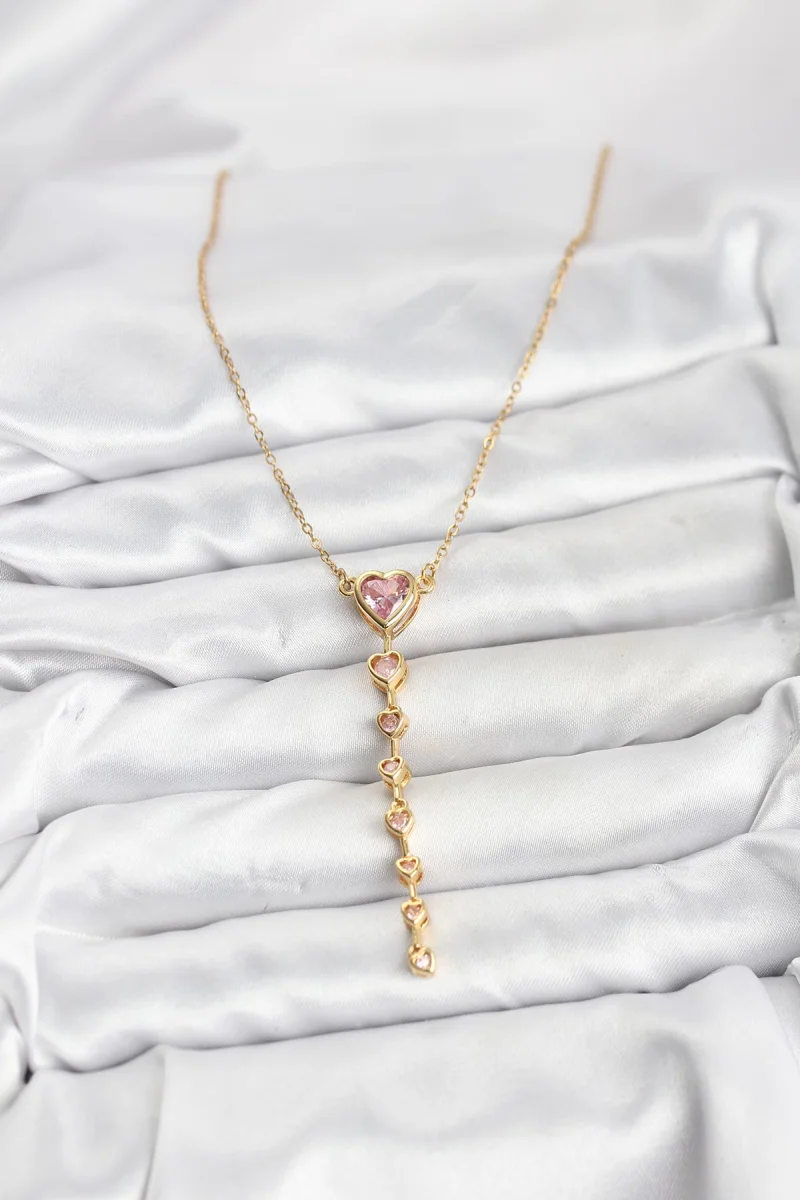 316L Çelik Zincir Gold Renk Pembe Kalp Kadın Kolye
