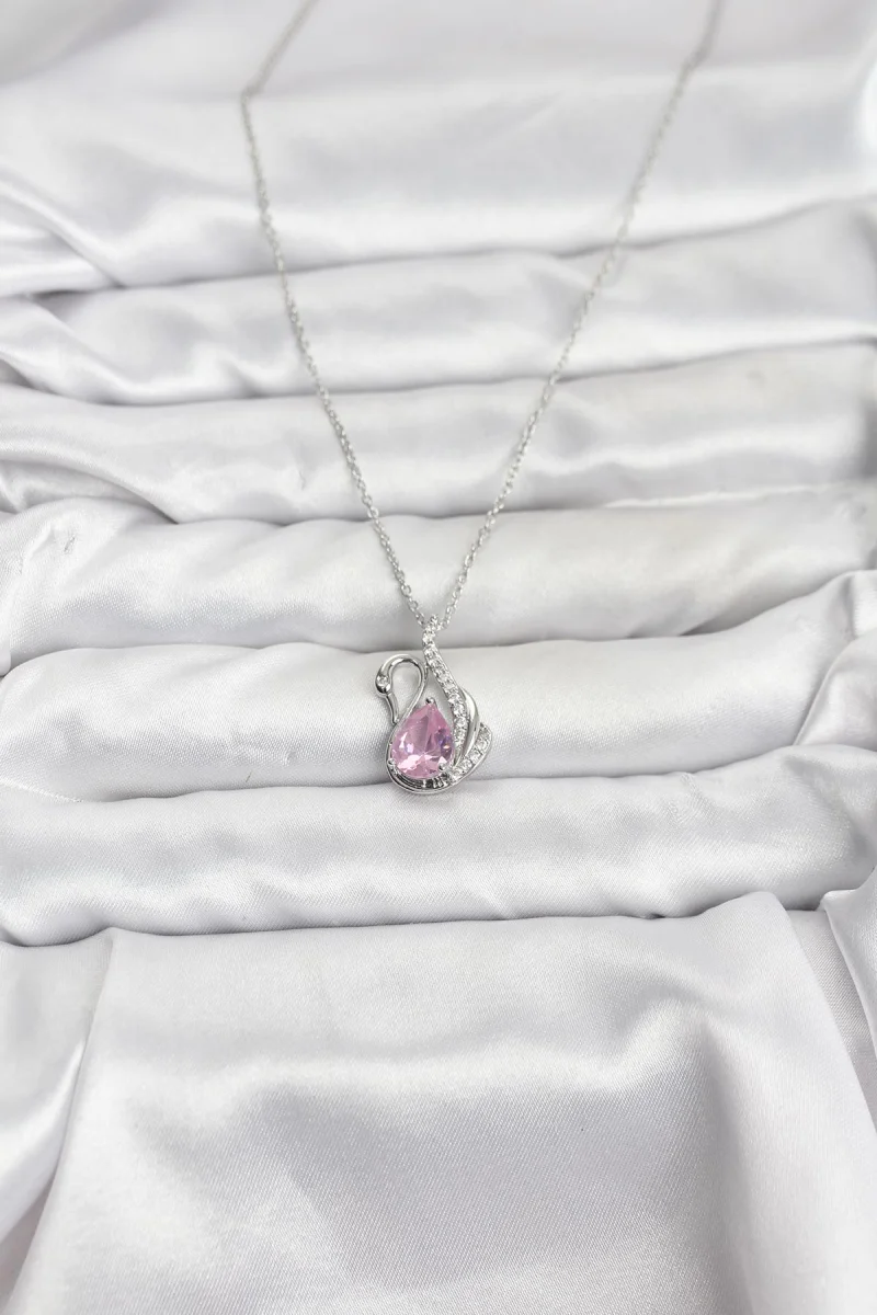 316L Çelik Zincir Gümüş Renk Pembe Kuğu Model Zirkon Taşlı Kadın Kolye