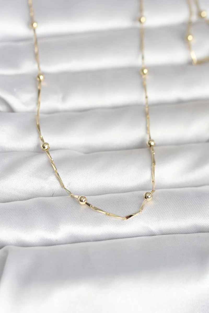 CM 14K Gold Renk Kesme Çubuk Zincir Topçuklu Model 60 cm Kadın Kolye