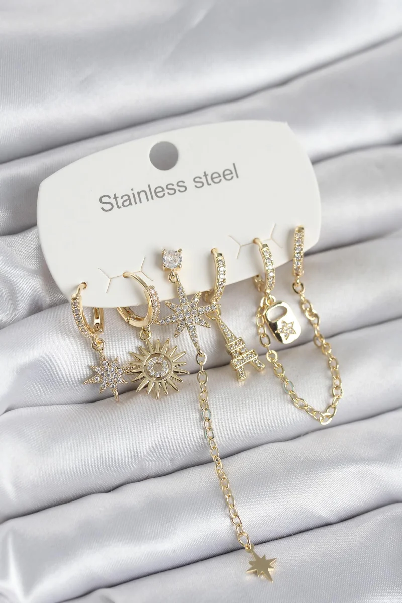 316L Çelik Gold Renk 6'lı Set Charmlı Kadın Küpe