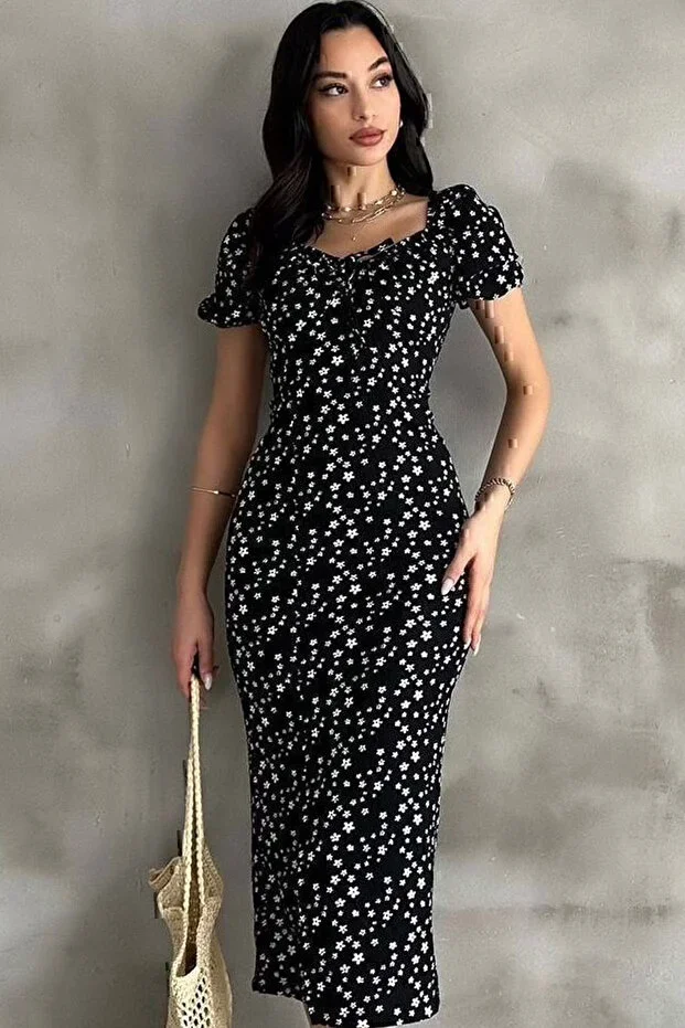 Lastikli U Kare Yakalı Kısa Kollu Fit Kalıp Kurdelalı Likralı Çiçek Desen Yırtmaçlı Diz Altı Elbise