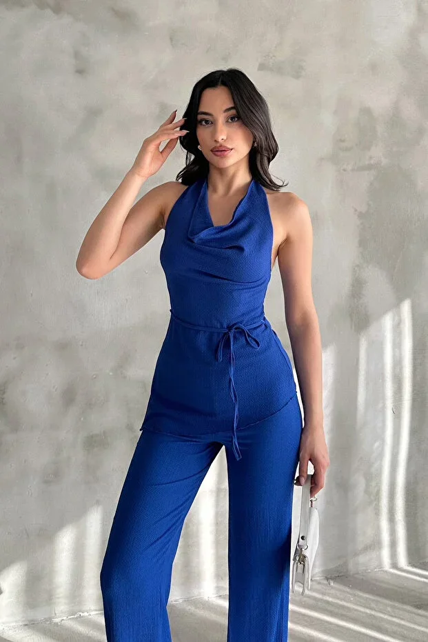 Kadın Saks Mavisi Degaje Yaka Bluz ve Pantolon İkili Takım