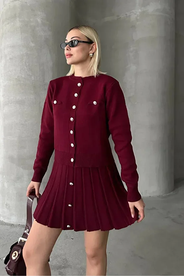 Kadın Triko Mini Etek Hırka Takım – Bordo