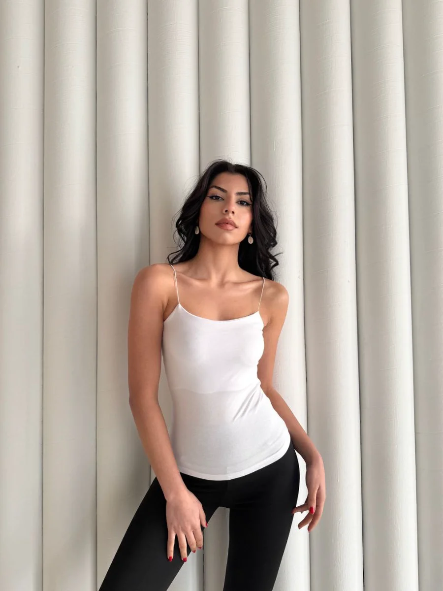 Kadın İp Askılı Uzun Crop - Beyaz