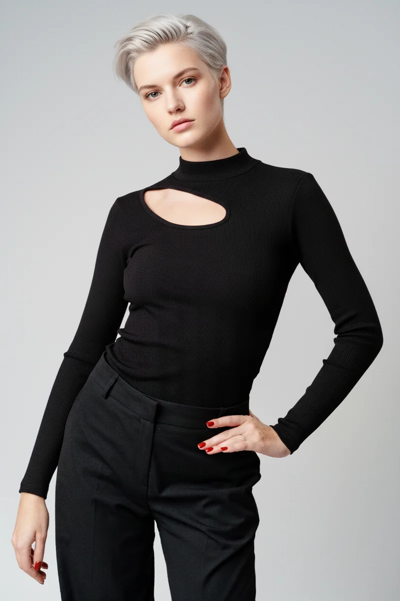 Balıkçı Yaka Kaşkorse Cut Out Detaylı Bluz - Siyah