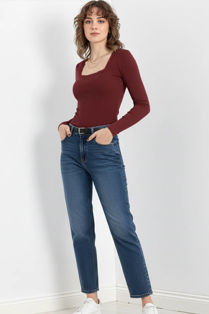 Kare Yaka Dantelli Kaşkorse Bluz -  Bordo