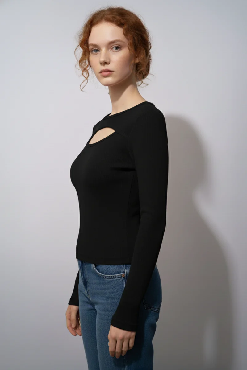 Balıkçı Yaka Cut Out Kesimli Fitilli Kaşkorse Bluz – Siyah