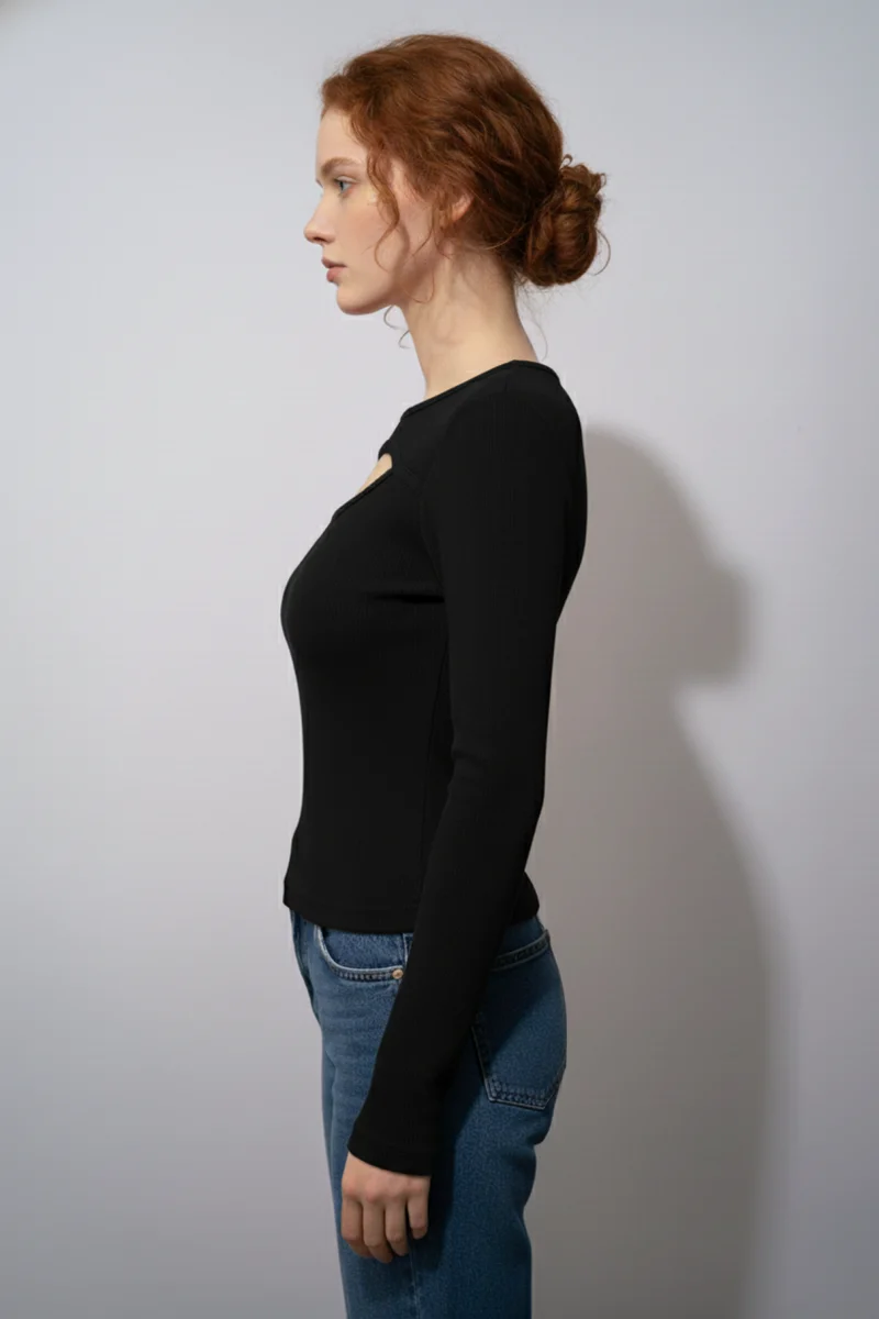 Balıkçı Yaka Cut Out Kesimli Fitilli Kaşkorse Bluz – Siyah