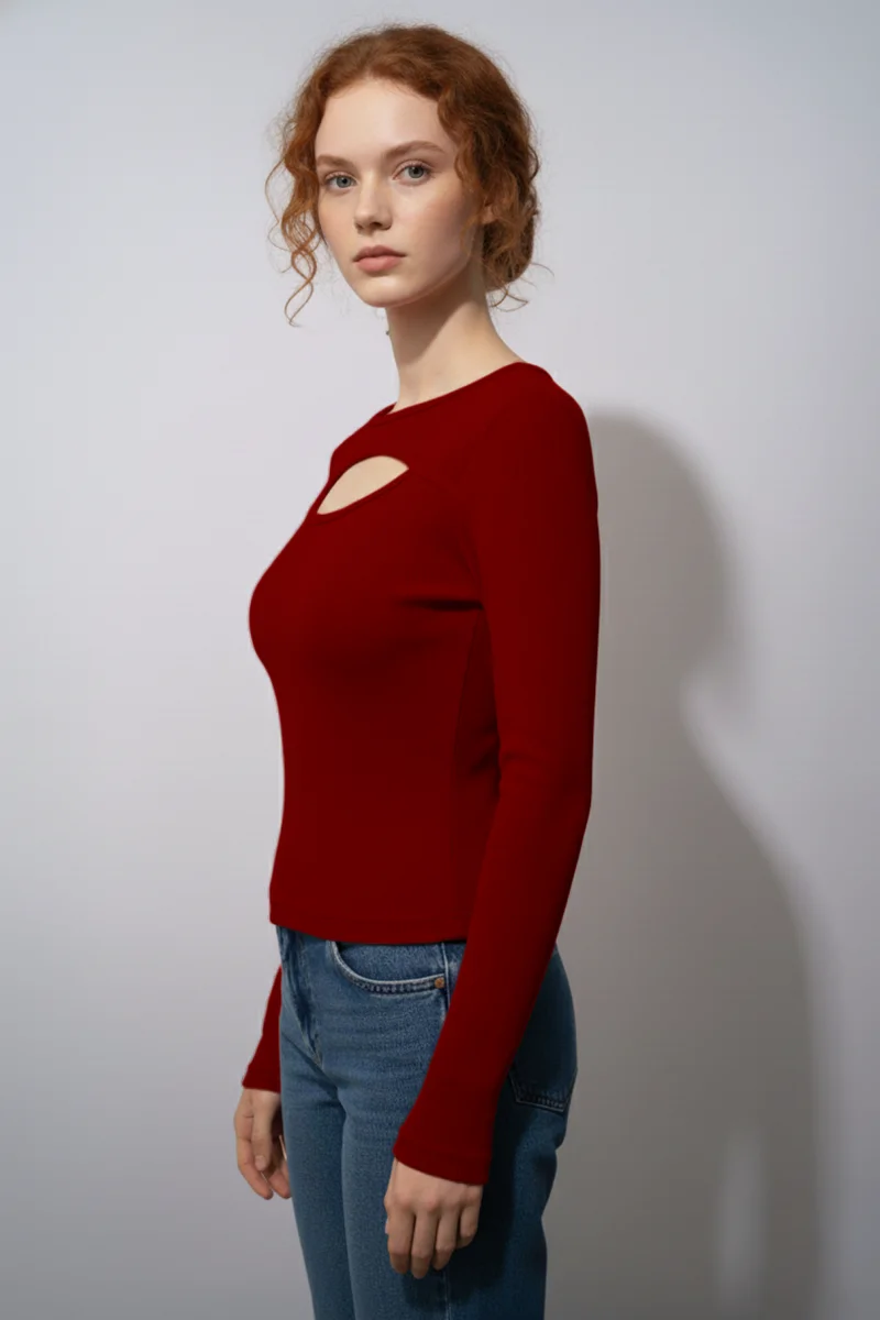 Balıkçı Yaka Cut Out Kesimli Fitilli Kaşkorse Bluz – Kırmızı